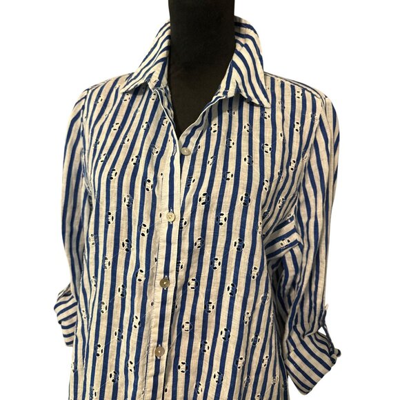 Chicos Womens Blue & White Striped Button-Up Shirt With Embroidery- size 2 - Picture 2 of 5